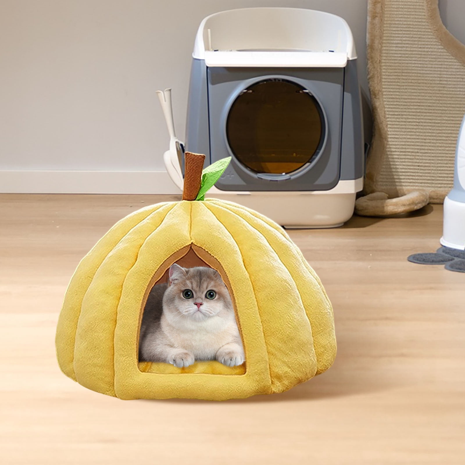 Cozy Pumpkin Cat Cave Bed with Removable Cushion - Warm Enclosed Indoor Cat House for Kittens and Small Dogs, Cute Seasonal Hideaway Sleep Tent Pet Bed