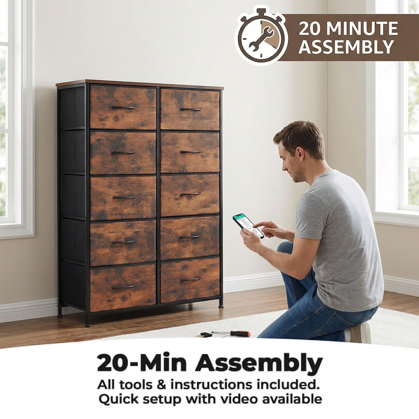 Alvantor Tall Dresser Fabric Storage Tower ,Wooden Top for Kid Room, Closet, Entryway, Nursery