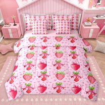 Homewish Cute Strawberry 7pcs Bedding Comforter Set,Cartoon Bow Tie Queen Bedding Sets,Kawaii Loves Pattern Queen Sheet Sets For Girls,Super Cozy Room Decor Reversible