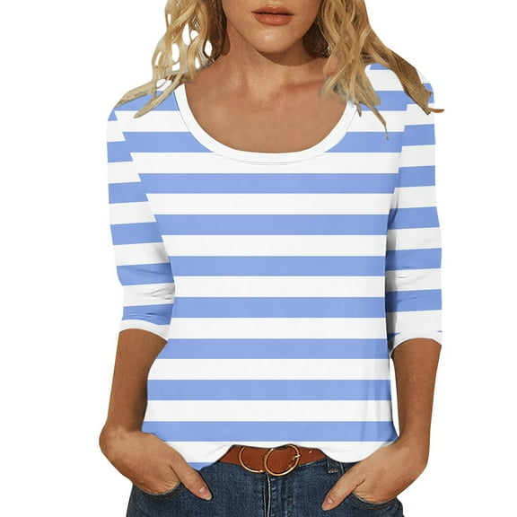 fatyb 3/4 Length Sleeve Tops for Women Striped Crew Neck Casual Tshirts Print Womens Loose Blouses Tee