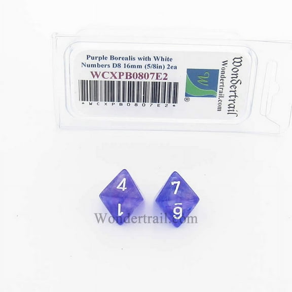 Purple Borealis Dice with White Numbers D8 Aprox 16mm (5/8in) Pack of 2 Wondertrail