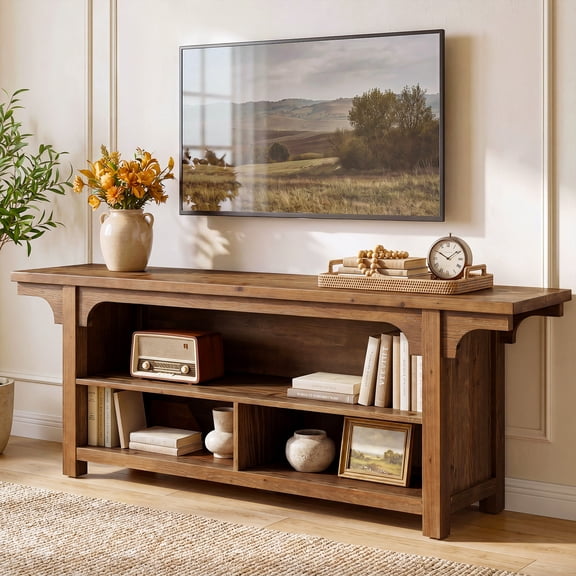 Finmind Solid Wood TV Stand for 55/65/70 Inch TVs, 63" Farmhouse Entertainment Center with 3 Open Storage Compartments, Mid Century Modern TV Console for Living Room Bedroom, Vintage Brown