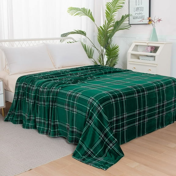 Flannel Fleece Throw Blanket, Plaid Print, Lightweight and Cozy Material, All Season Suitable, Twin/Twin XL, Green