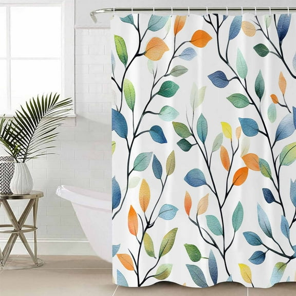 Colorful Leaf Waterproof Fabric Shower Curtain, Summer Botanical Pastoral Spring Shower Curtain for Bathroom Curtains Bathtubs Hotel Washable Shower Curtains with 12 Hooks Extra Long 72x84