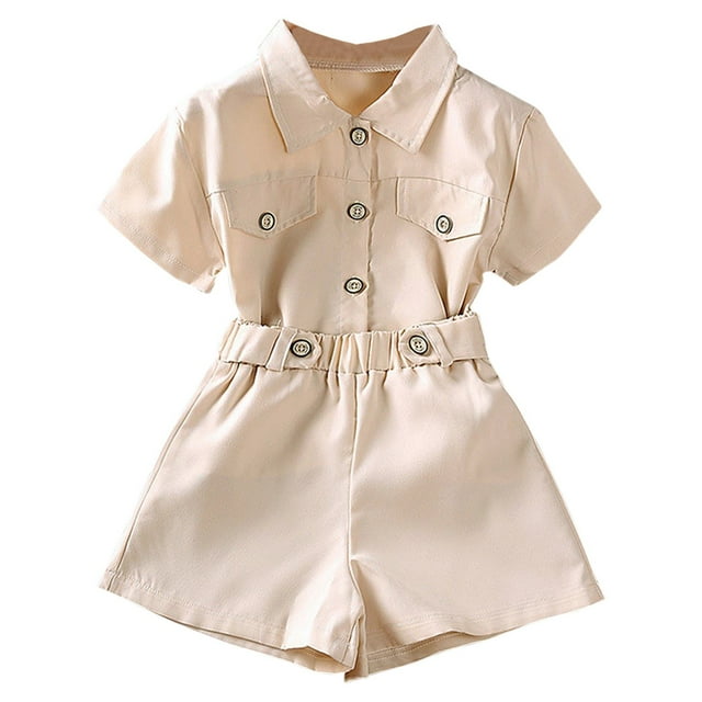 Felwors Children's Fashion Open Button Short Sleeve Top And Shorts Two Piece Set For European And Suitable For Children Aged 3 To 7