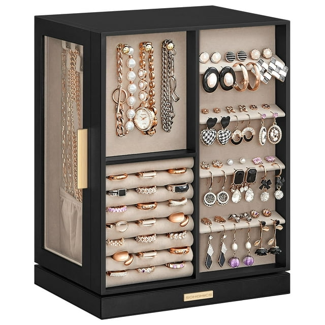 Caja Joyero Giratorio 360°, Caja de Joyas con 5 Cajones, Ventanas Laterales de Cristal, Idea de Regalo, Negro Tinta
