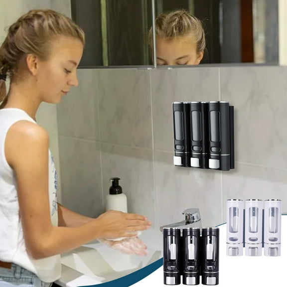 Leodye 1 pcs Shower Shampoo and Conditioner Dispenser, 3in1 Chamber No Drill Body Wash Dispenser for Bathroom