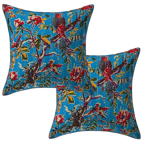Stylo Culture Ethnic Sofa Throw Pillow Covers 16x16 Kantha Turquoise Printed 40cm x 40cm Home Decor Accent Pillowcase Cotton Bird Square Cushion Covers | Set Of 2