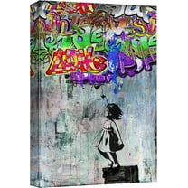 Wall26 Framed Canvas Wall Art Little Girl Tagging Banksy Graffiti & Street Art Urban Architecture Cityscape Grunge Dark Print Hip-pop Style Abstract Art Decor for Bedroom/Office - 12"x18"