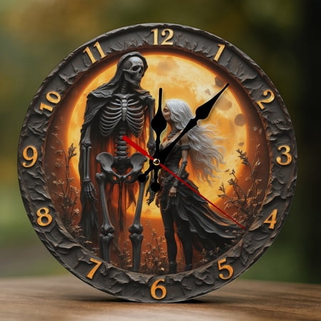 Wall Clock Decorative - Gothic Orange Skeleton Lovers Print 2D Vintage Wall Clocks Battery Operated Silent Non-Ticking for Bedroom, Living Room, Kitchen, Office, Classroom, 10 Inch