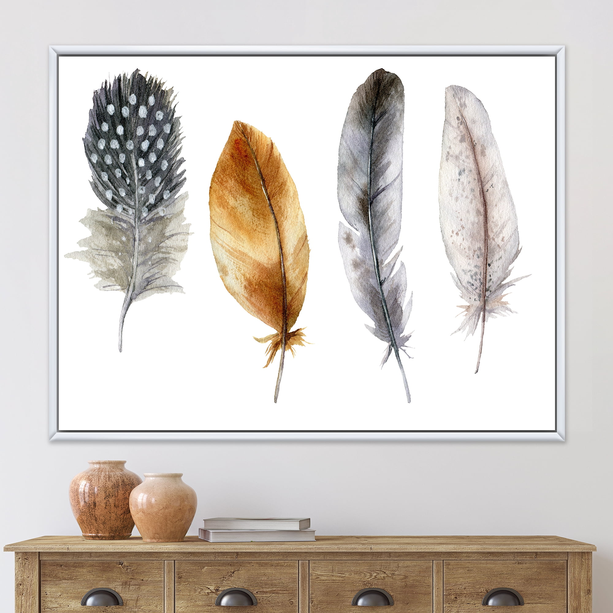 Designart 'Boho Feather In Blue and Orange Striped & Polka Dost' Bohemian & Eclectic Framed Canvas Wall Art Print