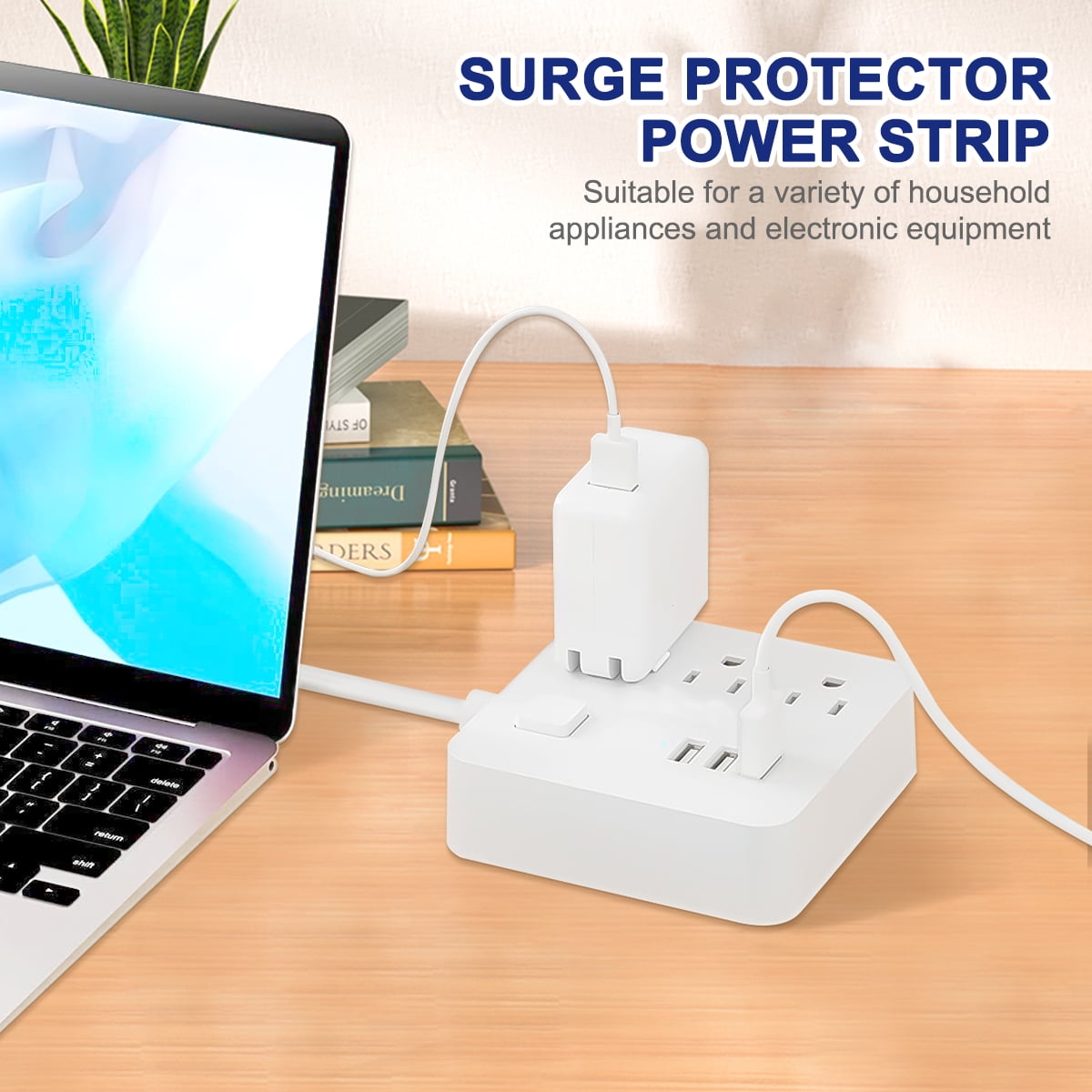 Syantek Remote Control Power Strip with 3 USB Ports, 3 RF Controlled Outlets,  5 FT/1.5 Meter Long Extension Cord, White Power Strip, 10A/1250W for  Household and Workstation Appliances 