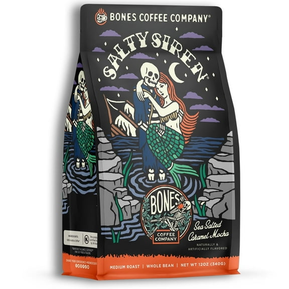 Bones Coffee Company Salty Siren Whole Bean Coffee Caramel Chocolate Flavor, Low Acid Flavored Coffee, Made with Arabica Coffee Beans, Medium Roast Gourmet Coffee (12 oz)