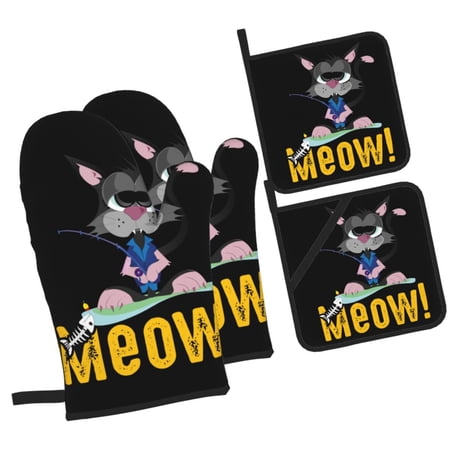Meow Kitten Pet Oven Mitts and Pot Holders Sets Baking Sets for Kitchen Bbq Gloves Heat Resistant Cooking Cute Animal Kitty Feline 4 Pieces