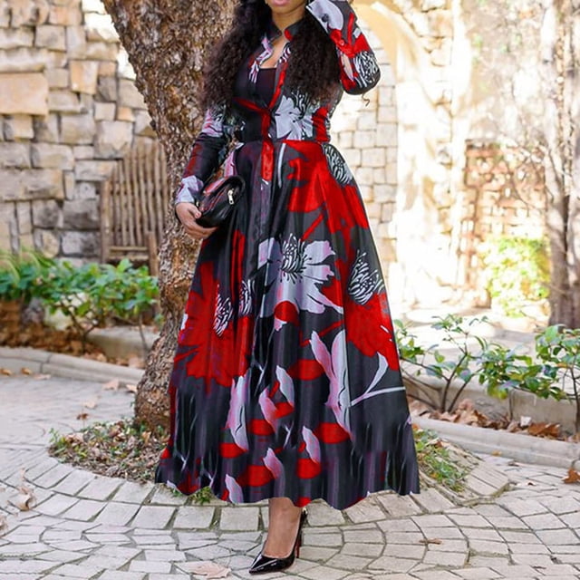 Jienlioq Femmes Robe Décolleté Femmes Casual Imprimé Bouton à Manches Longues Robe à Col Rond