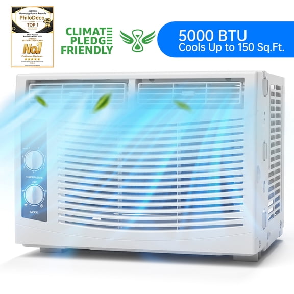 PhiloDeco 5000 BTU Window Air Conditioner Easy Cool - Capable of Cooling Up to 150 sq ft. 2 Fan Speeds, 4-Way Air Direction, Mechanical Control, Filter, for Small Room Air Conditioner, Small Ac Unit