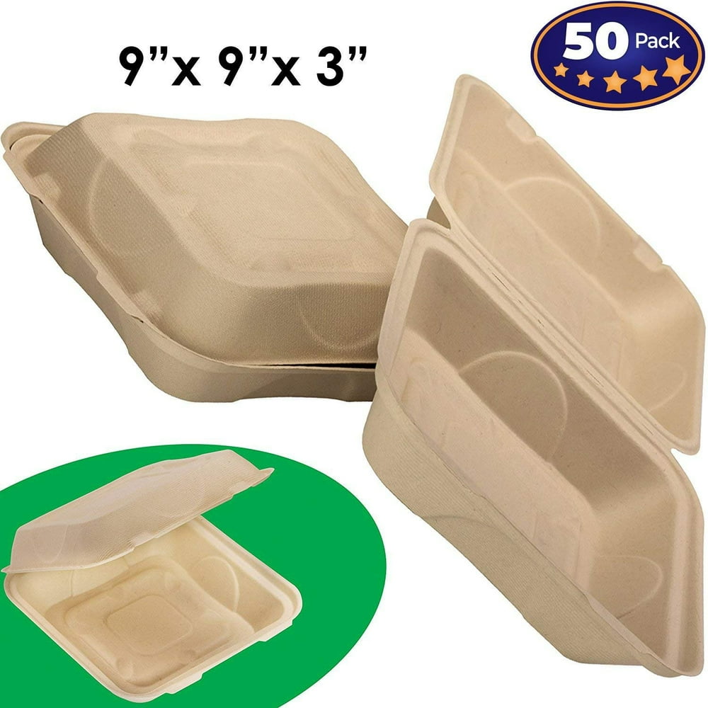 Biodegradable 9x9 Take Out Food Containers with Clamshell Hinged Lid 50 Pack. Microwaveable