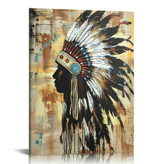 JEUXUS Native American Wall Art Decor Feather Headdress Canvas Picture Framed Tribal Theme Poster for Living Room Bedroom Large 16x20 in
