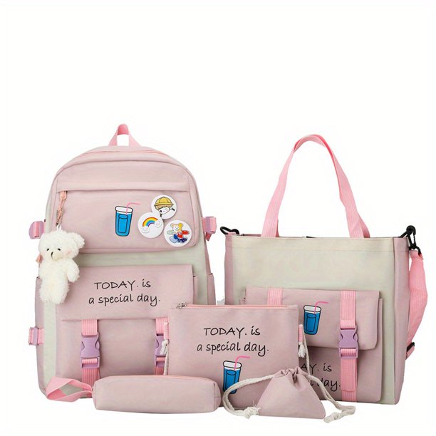Juego De Mochila Kawaii De 5 Uds, Mochila Escolar De Estilo Preppy Con Bolso De Mano, Bandolera, Estuche Para Lápices Y Monedero Con Cordón