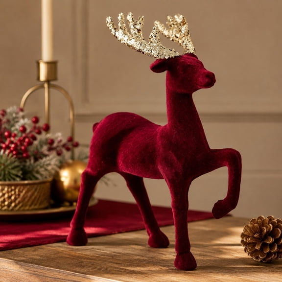 Glittery Burgundy Reindeer Christmas Ornament, Burgundy Velvet Reindeer Figurine, Glittering Reindeer Tree Decor for Holiday Festive Centerpiece