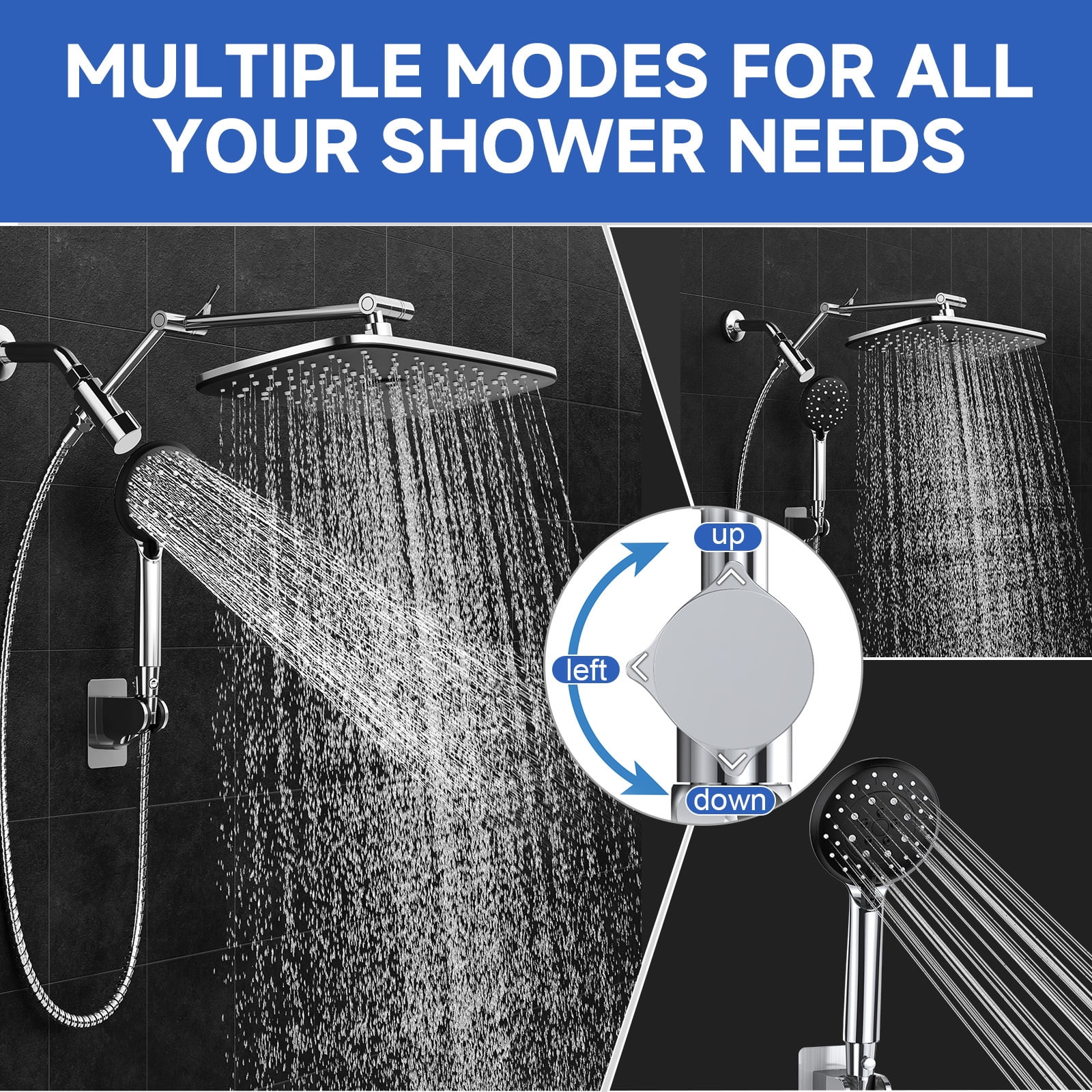 Ophanie 12 Inch Coverage High Pressure Rain Shower Head Combo with Adjustable Extension Arm, Wide Rainfall & 5 Modes Handheld Showerhead, Dual Anti-Clog Nozzles for Ultimate Experience, Silver Chrome