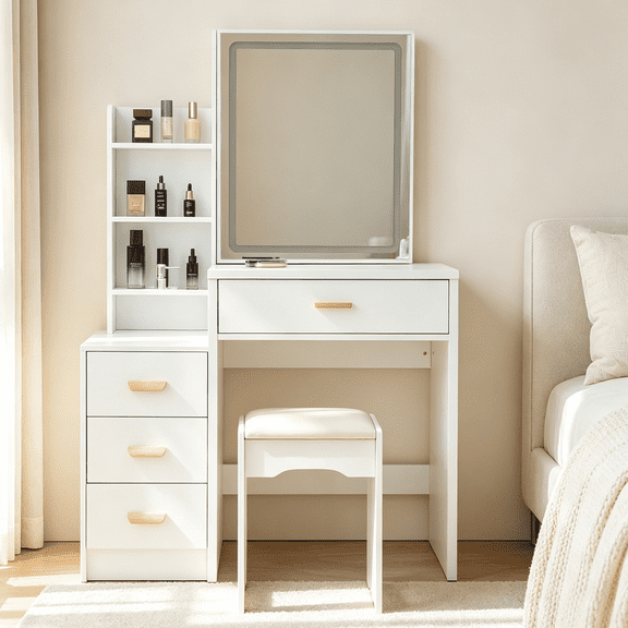 Vanity Table Set includes LED-lit mirror, bedroom makeup table with storage and cushioned stool, Vanity Desk for Women (White)
