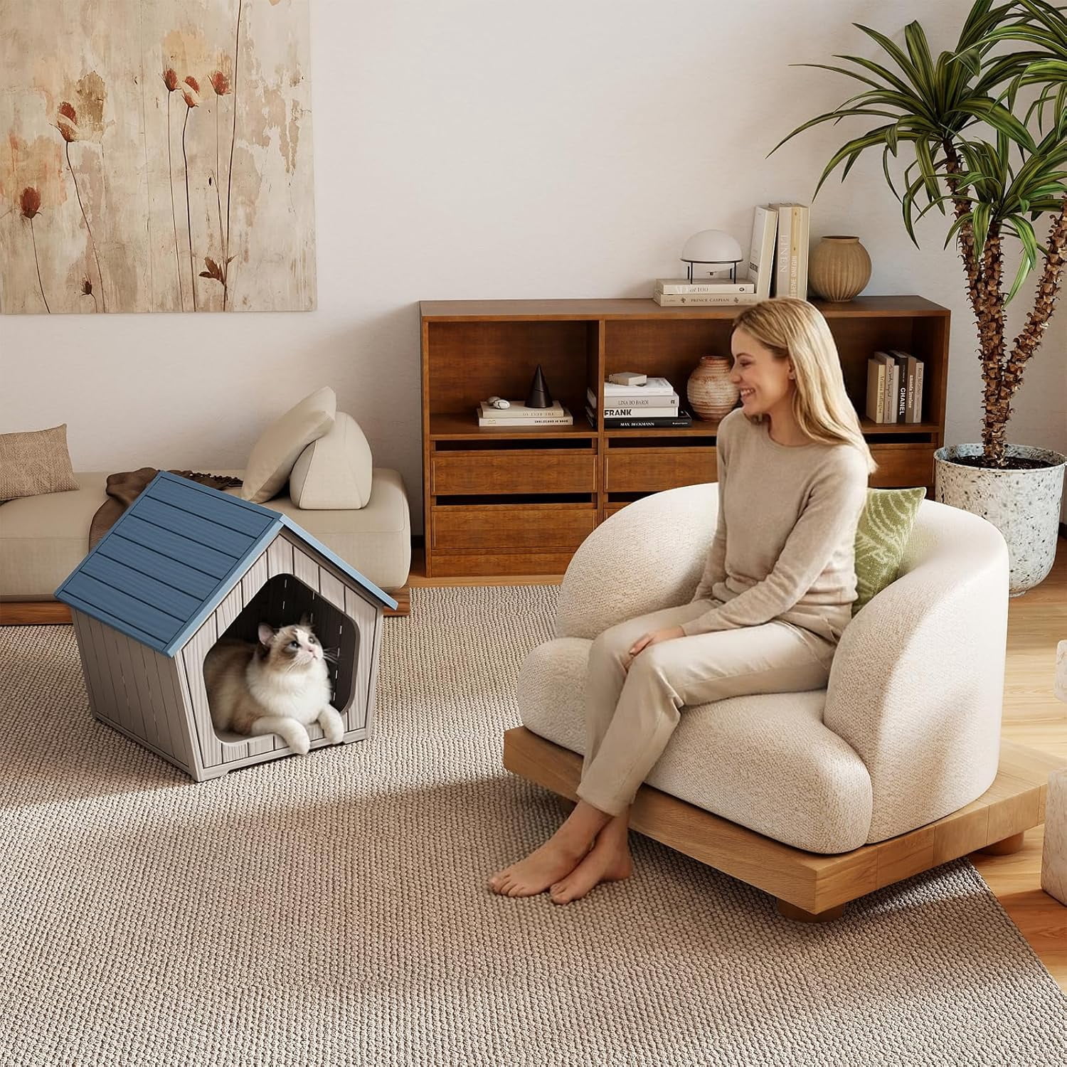 GMNIUOutdoor Cat House for Outside Indoor Use, Weatherproof Resin Outdoor Cat Shelter for Small, Medium, Large Cats, Easy Assembly(Blue)