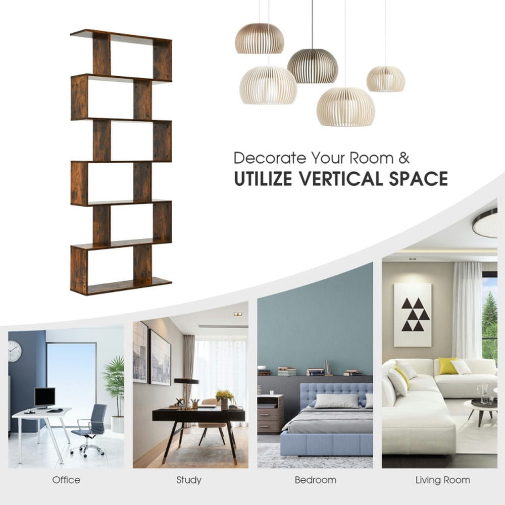 Demi Bonn 6 Tier S-Shaped Bookshelf Storage Display Bookcase Decor Z-Shelf, Brown