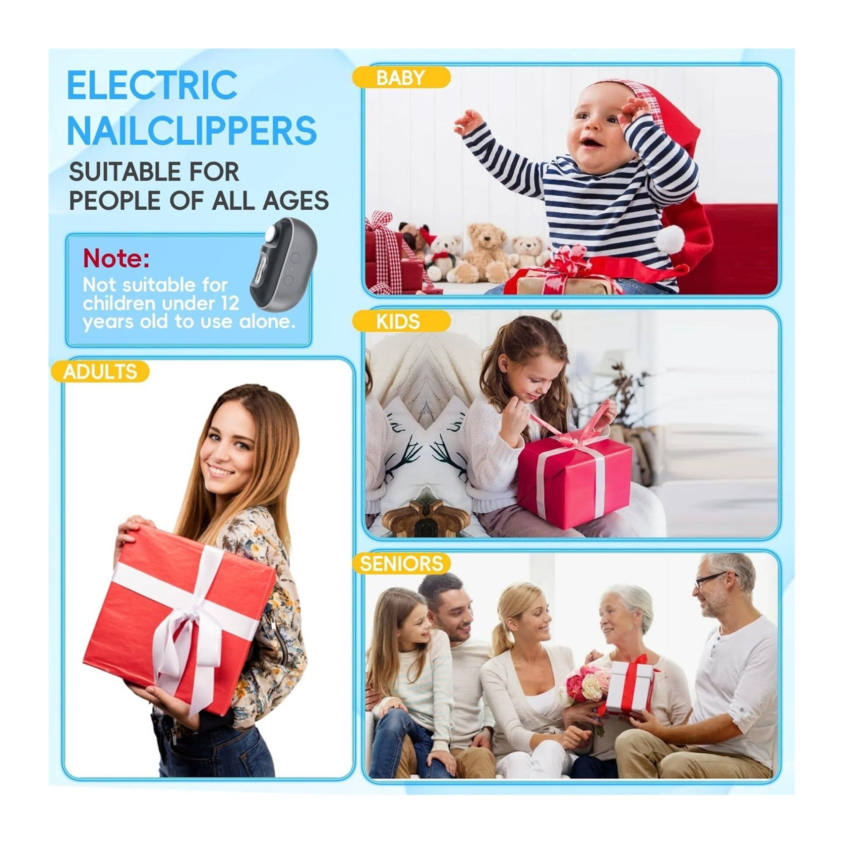 Electric Nail Clipper, 3 in 1 Electric Nail Trimmer and Polisher with Clip Storage & LED Light, USB Rechargeable & 2 Speed Gears for Baby, Kids, Seniors and Adults (Frosted Black)