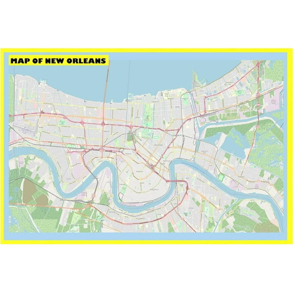 Map of New Orleans 18x24 with Neighborhoods, Streets, Roads, Highways and Parks - Laminated Wall Map Poster Print - Vivid Imagery with Bright Colors
