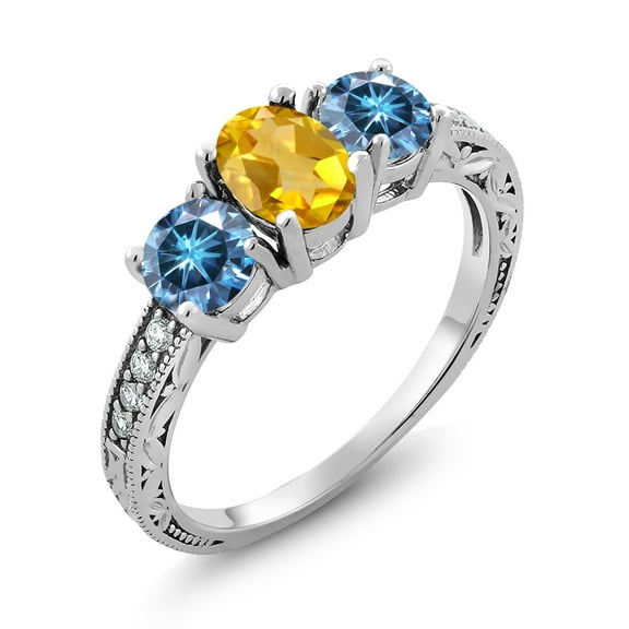 Gem Stone King 925 Sterling Silver 3-Stone Ring Oval Yellow Citrine and Vivid Persian Blue Moissanite (1.87 Cttw, Size 6)