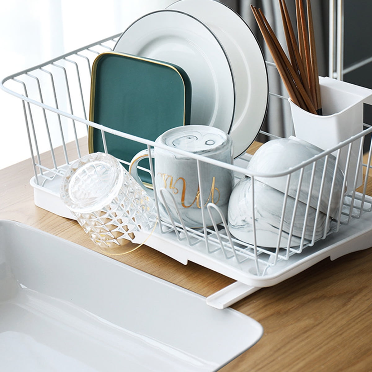 Dish Drying Rack, Single/double-tier Dish Rack For Kitchen Counter, Dish  Drainer With Drainboard, Plate/cup Holder, Dish Organizer With Cutlery  Holder, Kitchen Accessories White Or Black - Temu