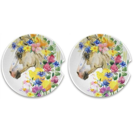 

Hyjoy 2 Pack Cute Horse Flowers Car Coasters Drinks Absorbent Ceramic Stone Car Coasters with Fingertip Grip Car Cup Holder Coasters