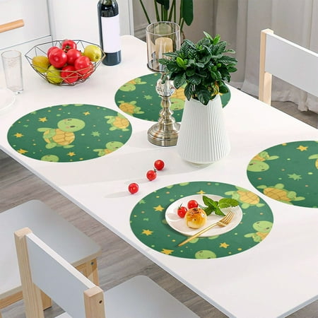 

Round Grid Placemat One Sizex4 Round Placemat PVC Plate Mat，15.4 Inch Non-Slip and Heat Resistant Table Placemat Dining Room Placemat Cute Green Cartoon Turtle