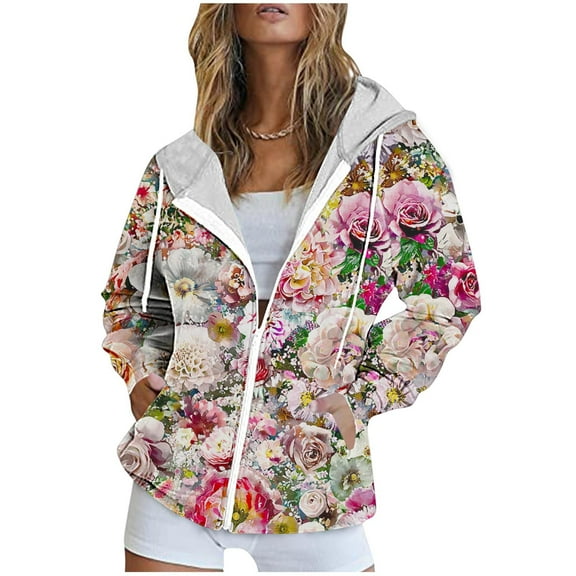 Trendy Oversized Sweatshirts for Women Full Zip Up Hoodie Jackets with Pockets Graphic Printed Casual Sport Coat (XL, Pink B)