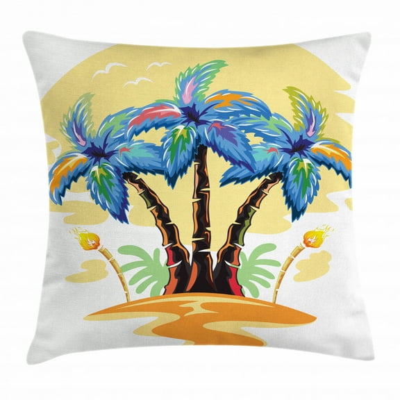 Palm Tree Decor Throw Pillow Cushion Cover, Cartoon Tropical Island with Hawaiian Palm Trees Torch Seagulls at Sunset, Decorative Square Accent Pillow Case, 20 X 20 Inches, Blue Orange, by Ambesonne