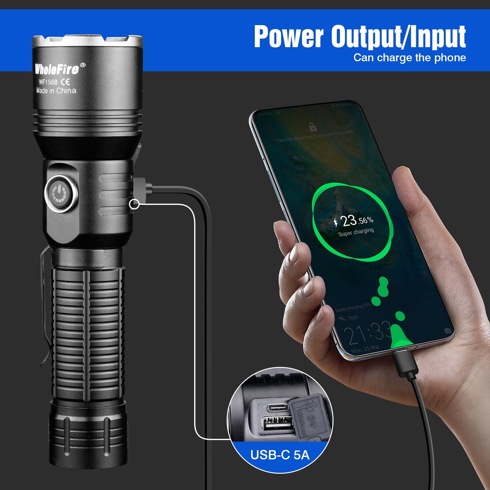 15W LED Rechargeable Flashlight Adjustable Focus Flashlights Waterproof Flash Light with Battery for Emergencies Camping