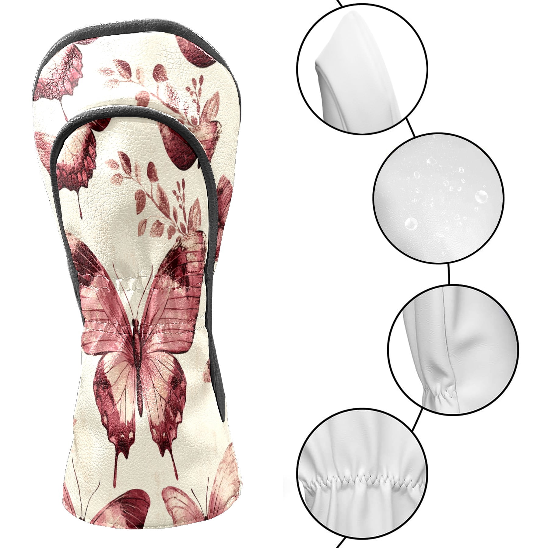 Golf Club Covers PU Leather Waterproof Head Covers for Fairway Woods Hybrids Rose-red Butterfly