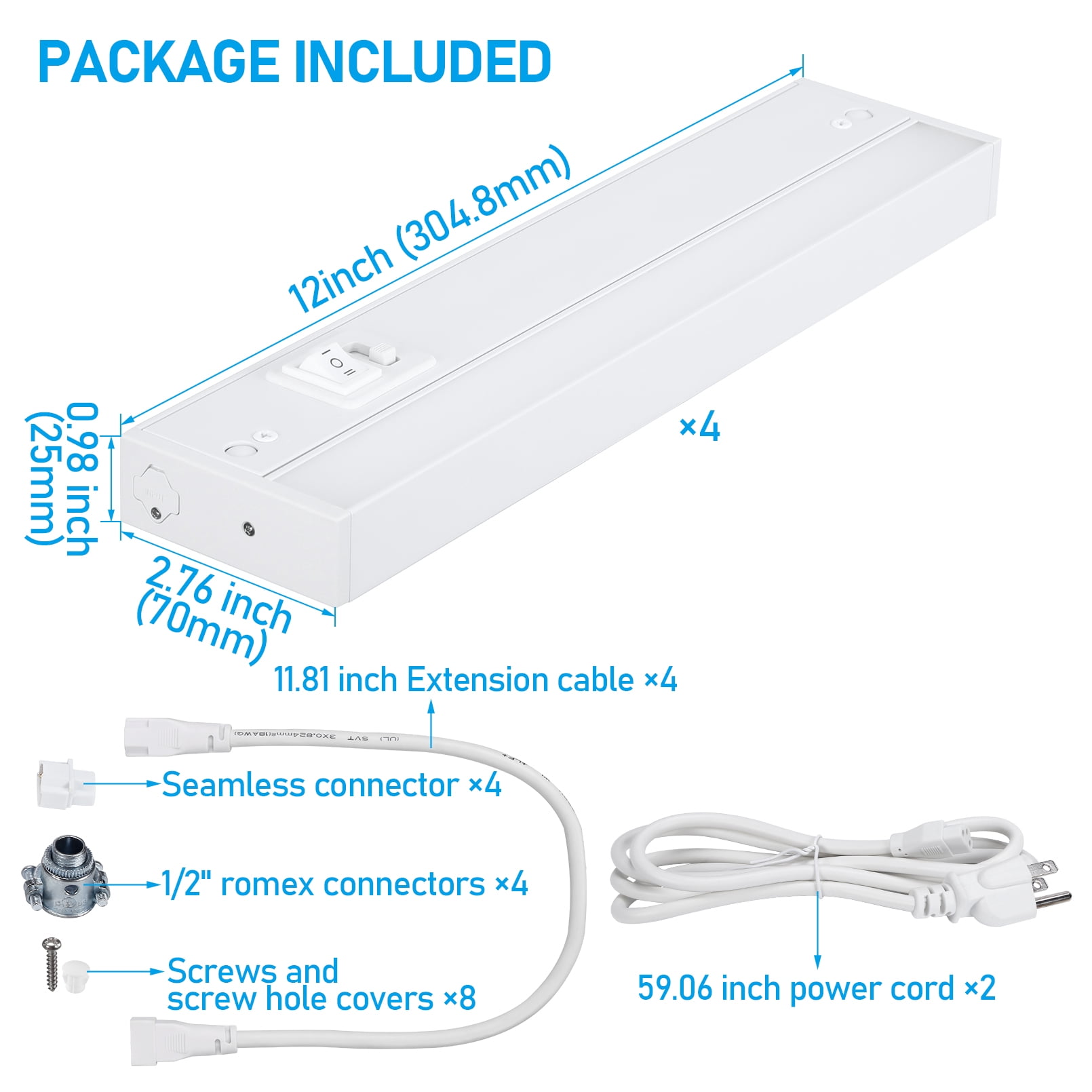 8 Pack LED Under Cabinet Task Lighting 5CCT, 12 Inch 8W 600LM, 120V Hardwired & Plug-in, CRI90 ETL Under Counter Lights, Dimmable & Linkable, 2700K/3000K/3500K/4000K/5000K, White Aluminum Housing