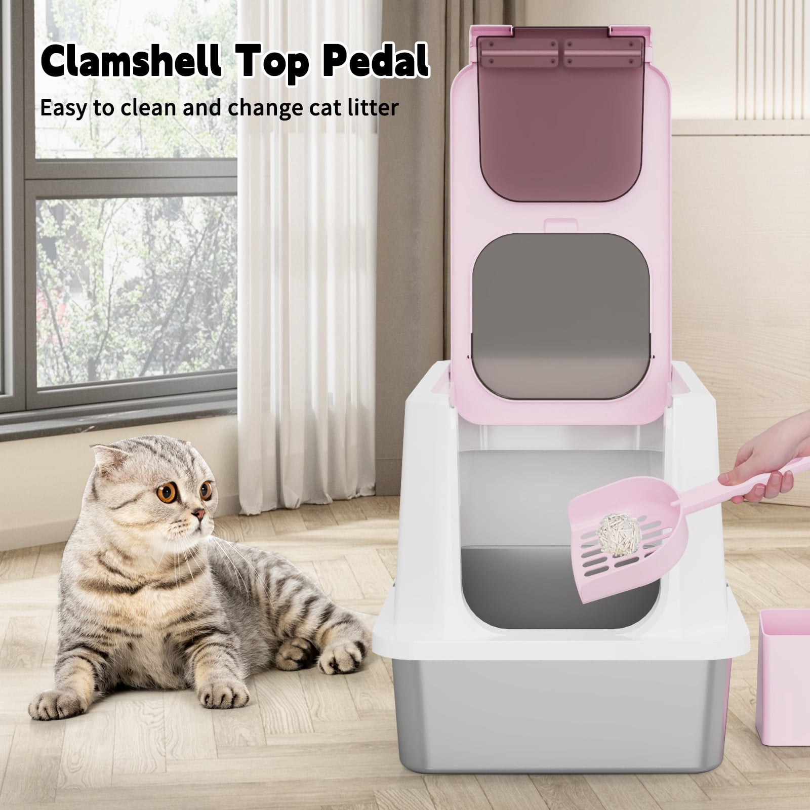 RIZZARI Enclosed Cat Litter Box: Large Top & Front Entry - High-Sided Anti-Scatter Design - Stainless Steel Odor Control - Easy Clean  Non-Stick Coating- Pink Litter Pan
