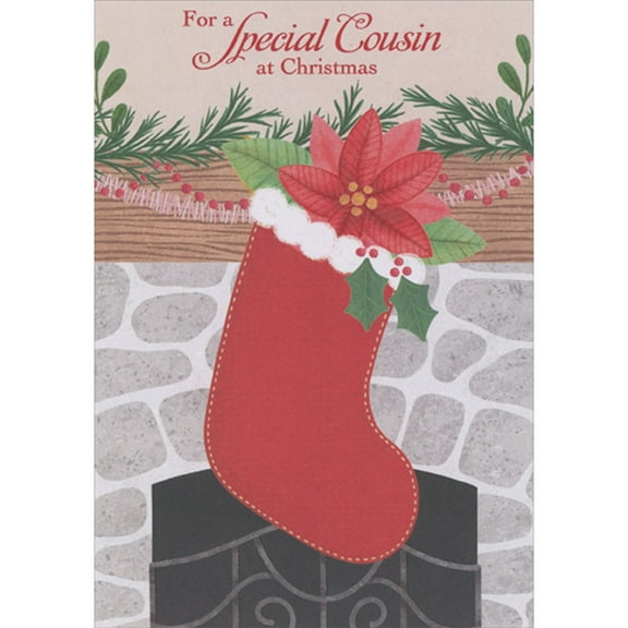 Designer Greetings Stocking Filled with Poinsettia and Holly on Fireplace Mantel Christmas Card for Cousin