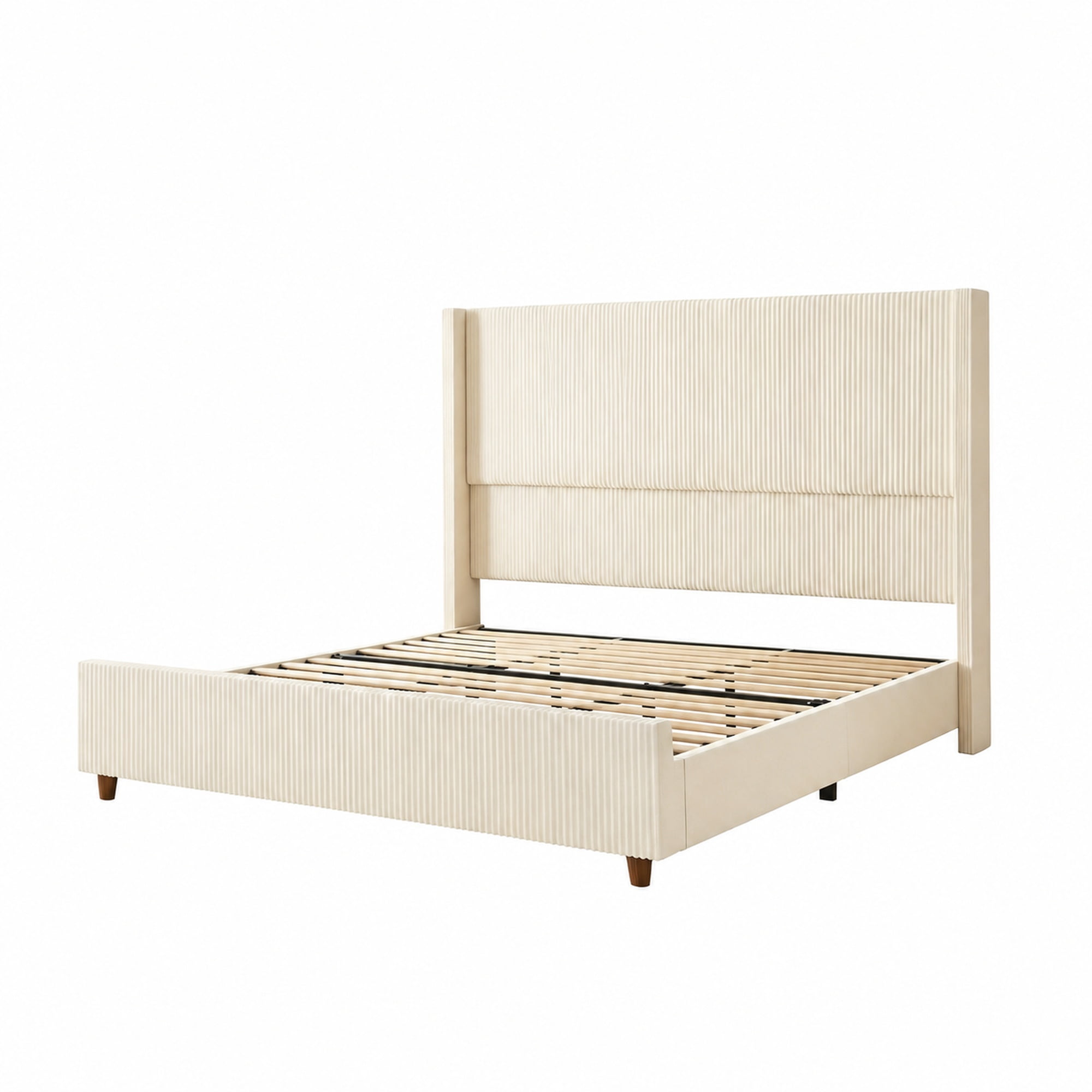 Mintazer Queen Size Upholstered Wingback Platform Bed Frame with Padded Headboard, Vertical Channel Tufted Corduroy Bed for Bedroom, No Box Spring Needed, Beige