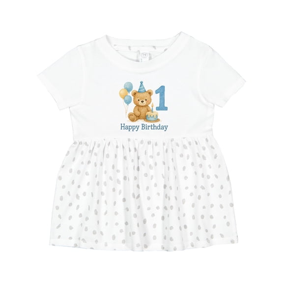 Inktastic 1st Birthday Bear with Cake and Balloons Girls Baby Dress