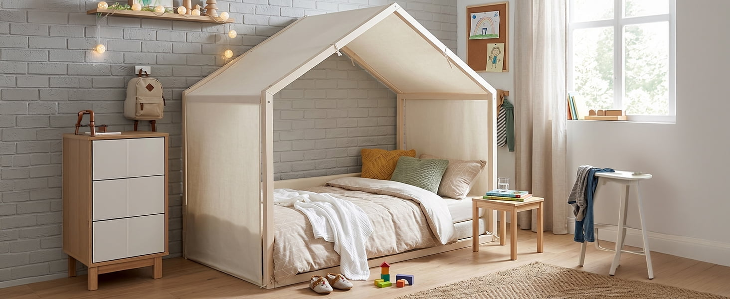 Mintazer Twin Size Montessori House Floor Bed with Breathable Linen Canopy & Velvet Upholstered Side Guard Panels, Low Platform Kids Playhouse Bed Frame for Bedroom Guest Room, Natural