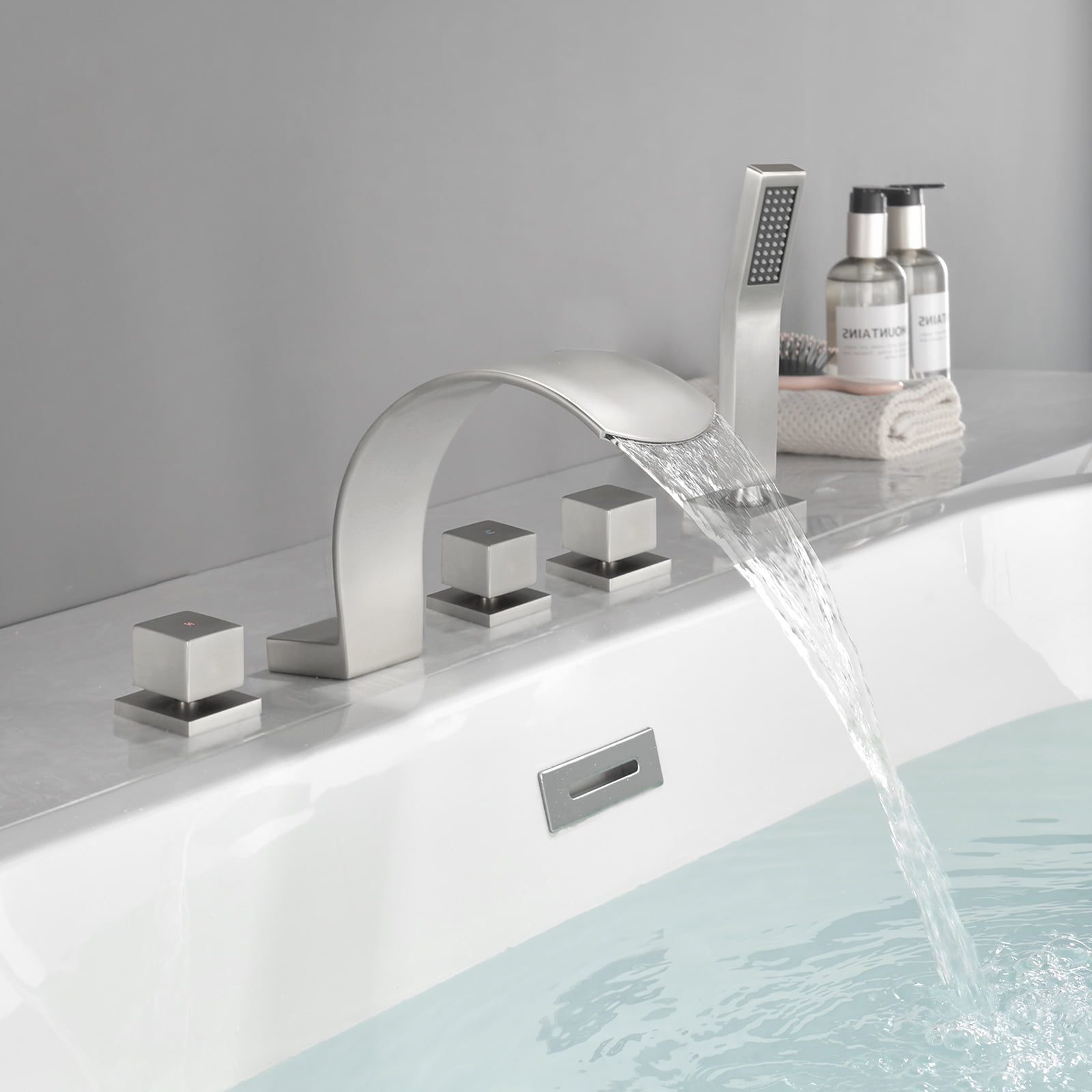 Cobbe Deck Mount Bathroom Bathtub Faucet with 2 Switches, 1 Diverter Knob, 3.74-Inch Wide Waterfall Spout and Handheld Sprayer rushed Nickel