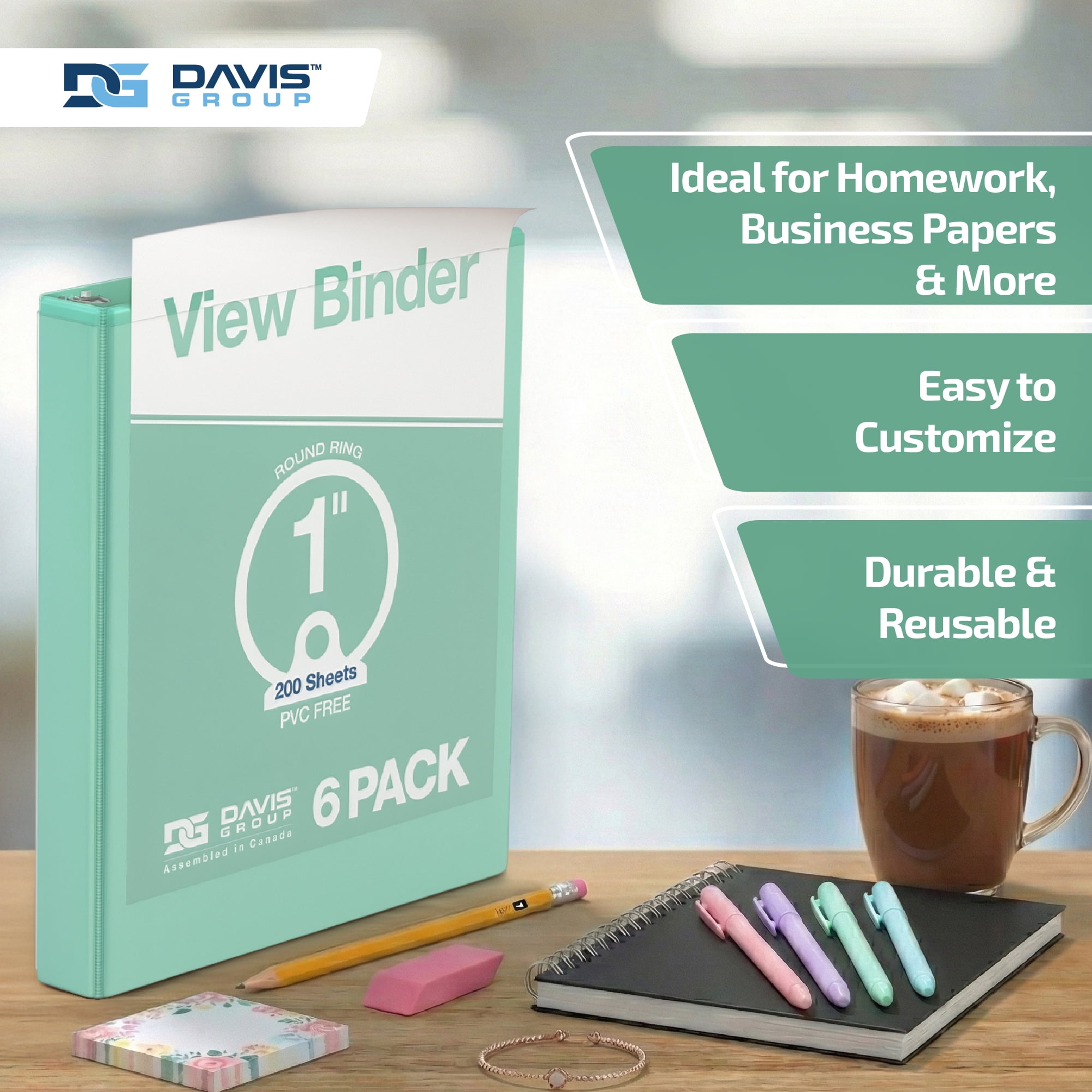 Davis Group Economy 3-Ring View Binders, 1" Round Rings, 225 Capacity, Mint, Pack of 6