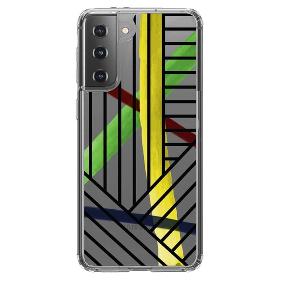 DistinctInk Clear Shockproof Hybrid Case for Galaxy S21  PLUS 5G (6.7" Screen) - TPU Bumper, Acrylic Back, Tempered Glass Screen Protector - Abstract Lines and Paint Swatches