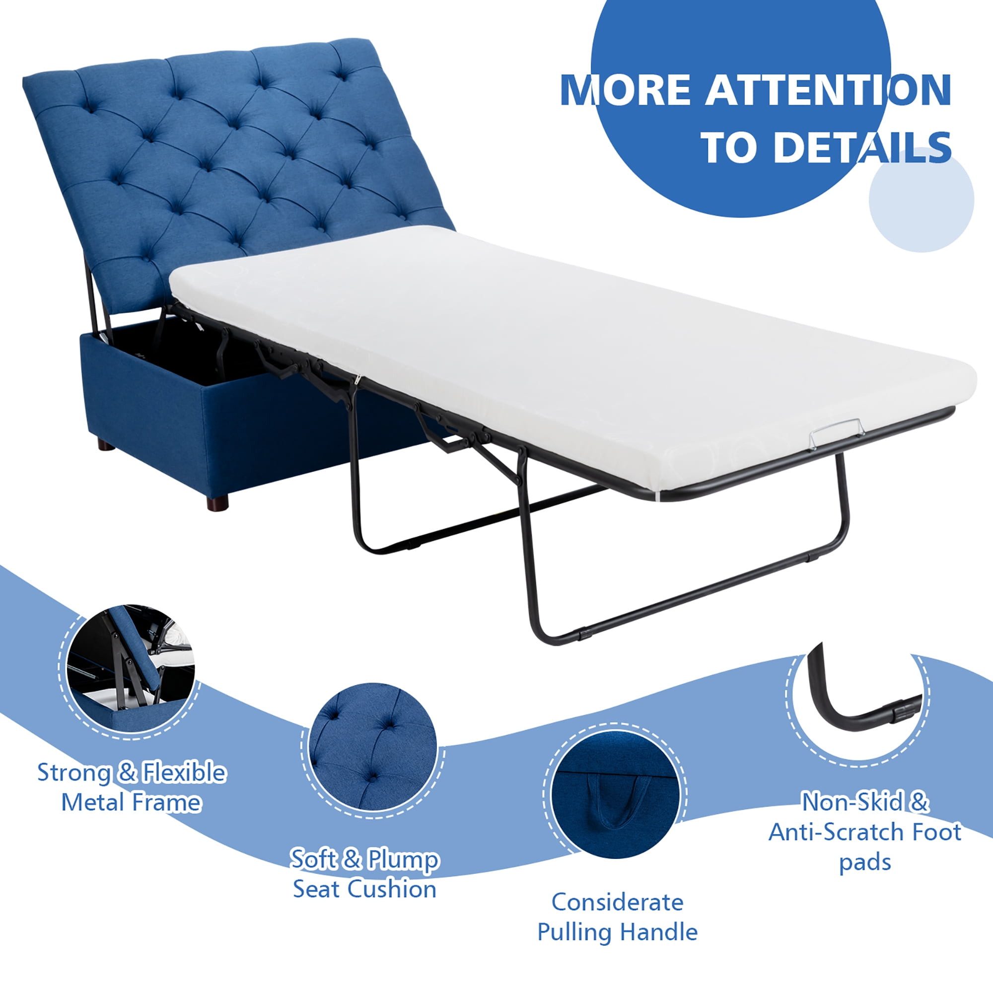 Costway Folding Ottoman Sleeper Bed with Mattress Convertible Guest Bed Blue