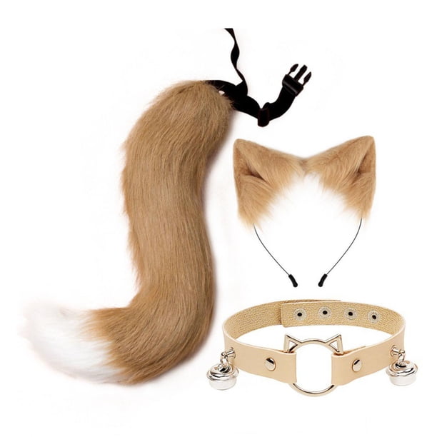 Diadema con orejas de gato y cola larga para disfraz de Halloween Caqui