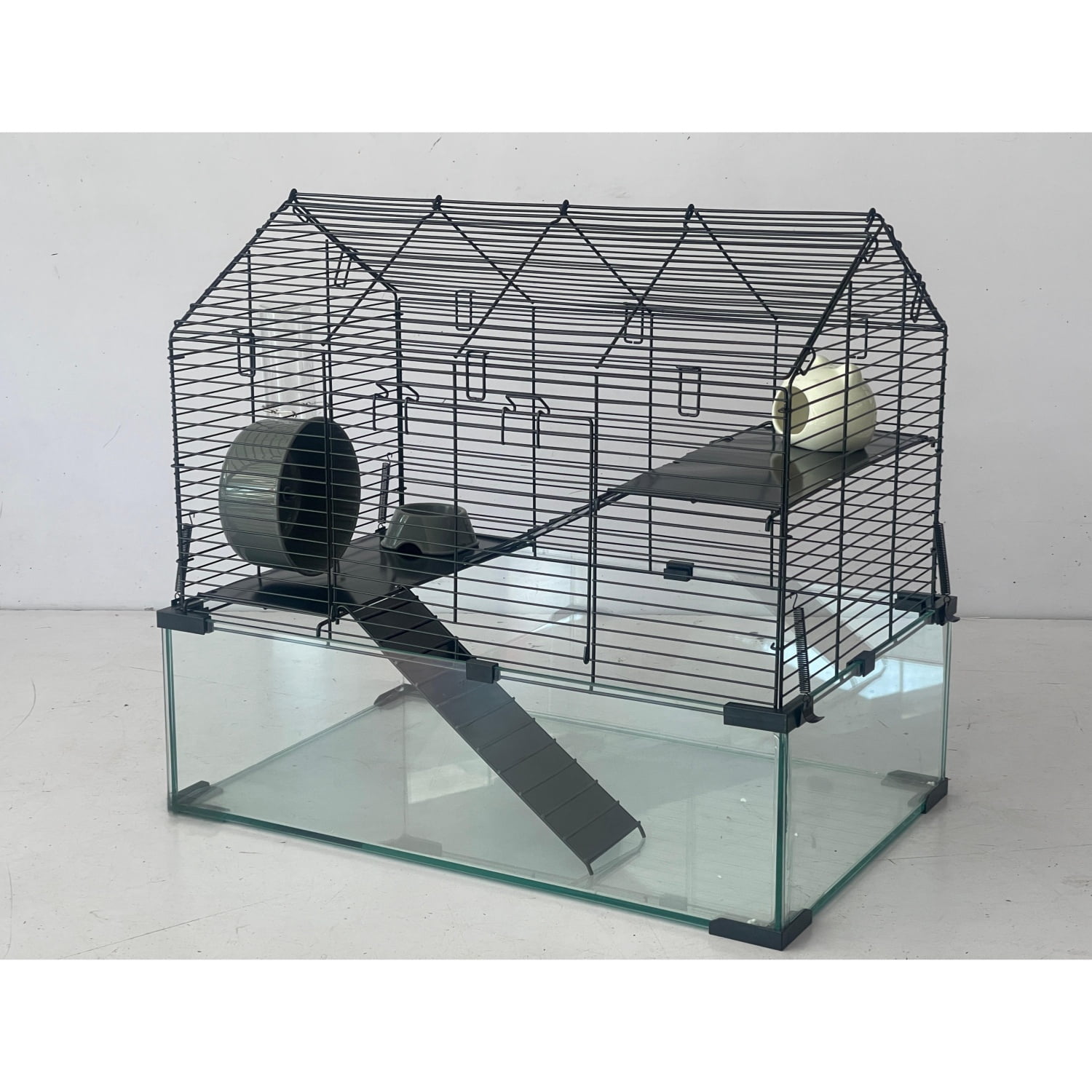 Large Hamster Cage, 3-Tier Gerbil Cages with Running Wheel, Water Bottle, Food Bowl, Ramps, Portable Hamster House with 7" Deep Glass Bottom for Syrian, Dwarf Hamster, Gerbils